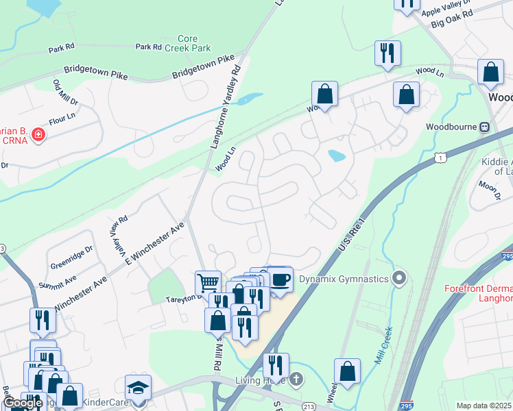 map of restaurants, bars, coffee shops, grocery stores, and more near 48 Sagebrush Lane in Langhorne