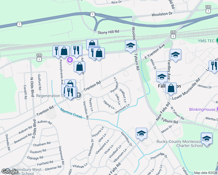 map of restaurants, bars, coffee shops, grocery stores, and more near 50 Vermillion Lane in Levittown