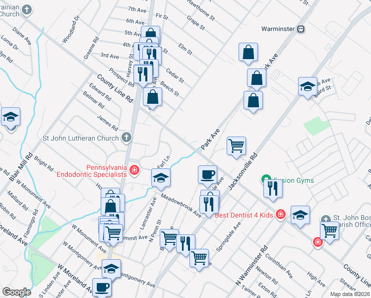 map of restaurants, bars, coffee shops, grocery stores, and more near 2827 East County Line Road in Hatboro