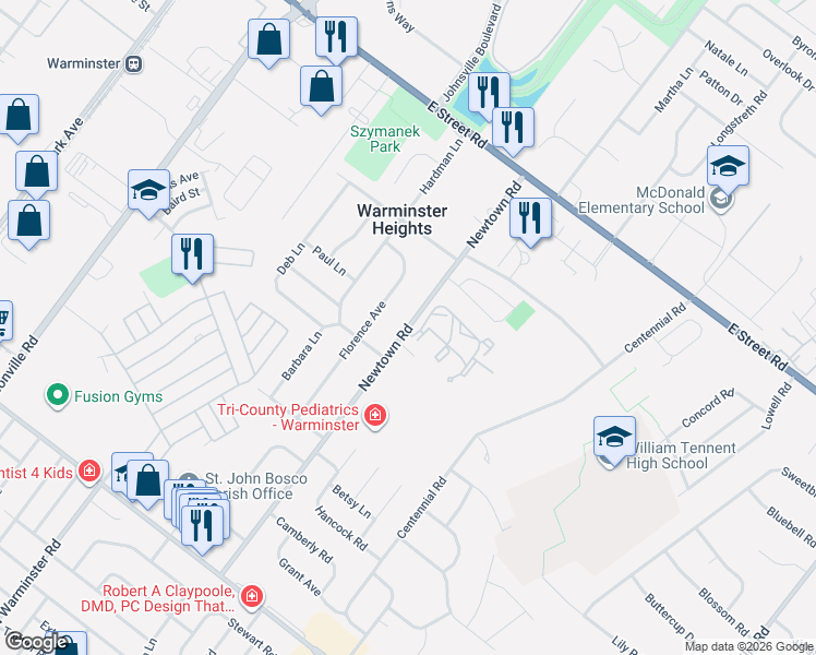 map of restaurants, bars, coffee shops, grocery stores, and more near 341 Newtown Road in Warminster