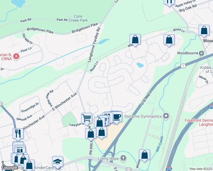map of restaurants, bars, coffee shops, grocery stores, and more near 48 Sagebrush Lane in Langhorne