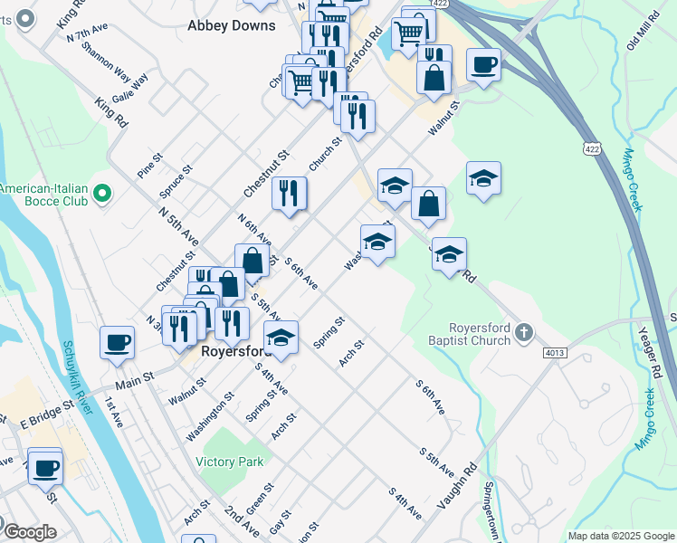 map of restaurants, bars, coffee shops, grocery stores, and more near 639 Washington Street in Royersford