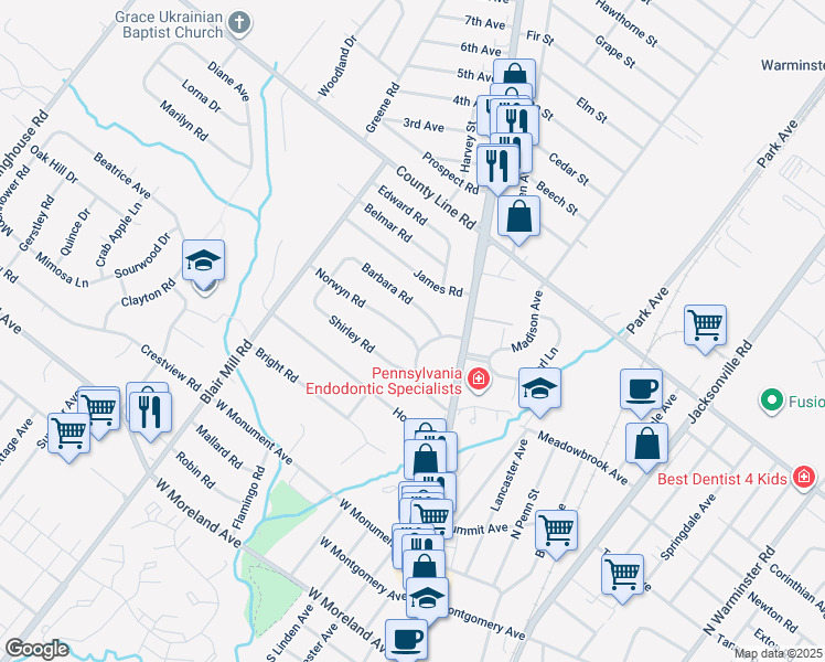 map of restaurants, bars, coffee shops, grocery stores, and more near 14 Norwyn Road in Hatboro