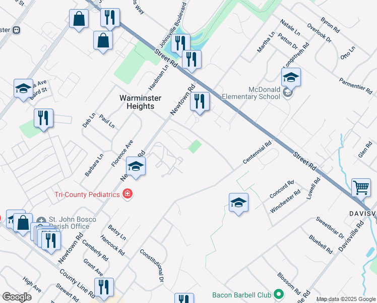 map of restaurants, bars, coffee shops, grocery stores, and more near 438 Tall Oaks Drive in Warminster