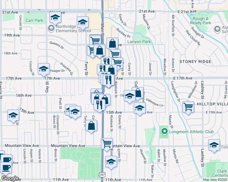 map of restaurants, bars, coffee shops, grocery stores, and more near 1542 Kimbark Street in Longmont