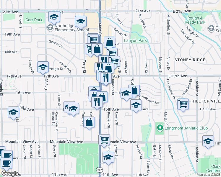 map of restaurants, bars, coffee shops, grocery stores, and more near 1542 Kimbark Street in Longmont