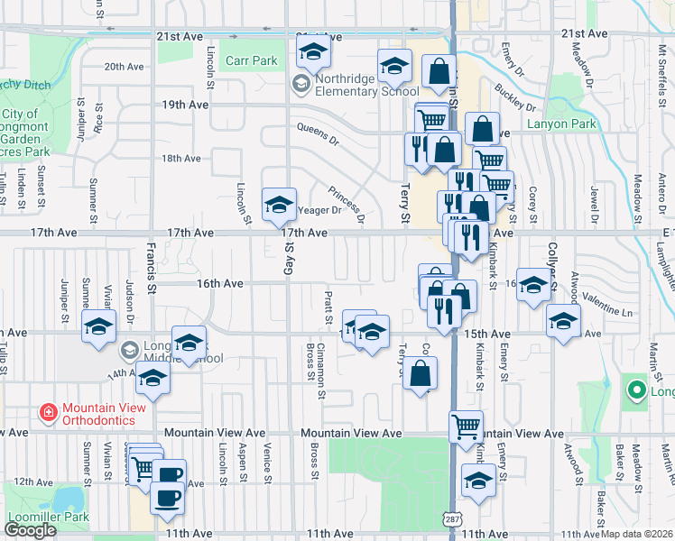 map of restaurants, bars, coffee shops, grocery stores, and more near 951 17th Avenue in Longmont