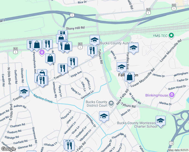 map of restaurants, bars, coffee shops, grocery stores, and more near 120 Vermont Lane in Levittown