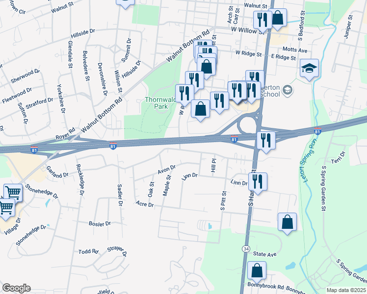 map of restaurants, bars, coffee shops, grocery stores, and more near 221 Garland Drive in Carlisle