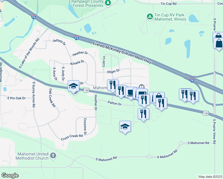 map of restaurants, bars, coffee shops, grocery stores, and more near 1001 Commercial Drive in Mahomet