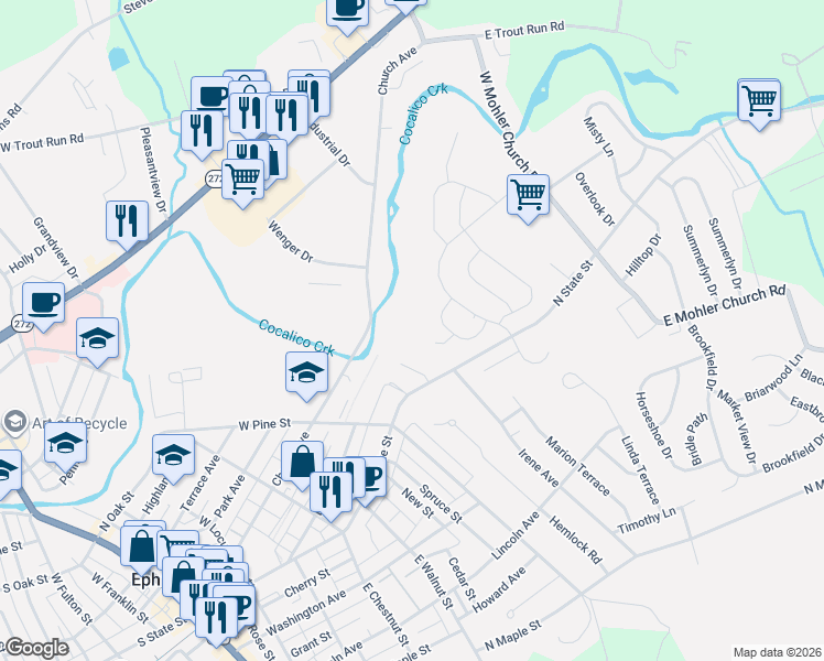 map of restaurants, bars, coffee shops, grocery stores, and more near 21 Beech Court in Ephrata