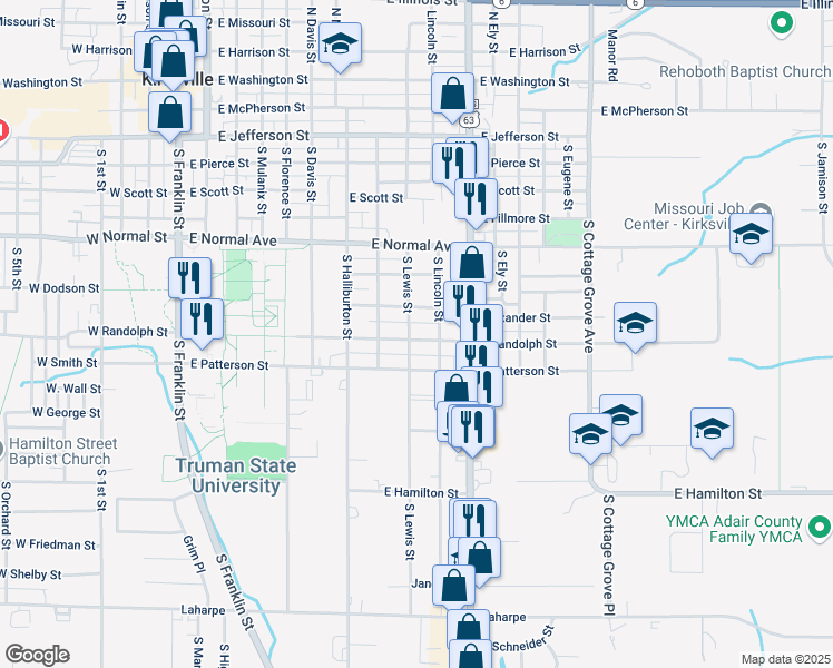 map of restaurants, bars, coffee shops, grocery stores, and more near 903 South Lewis Street in Kirksville