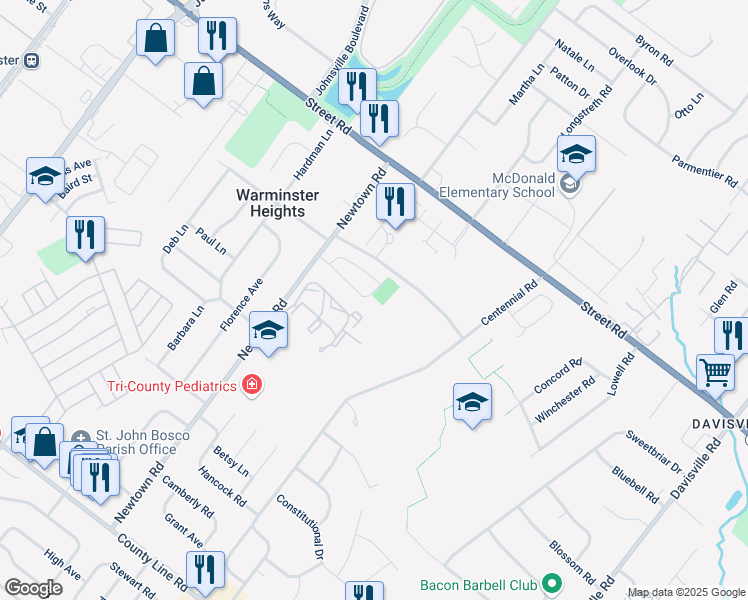 map of restaurants, bars, coffee shops, grocery stores, and more near 438 Tall Oaks Drive in Warminster