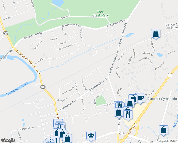 map of restaurants, bars, coffee shops, grocery stores, and more near 555 Valleyview Rd in Langhorne