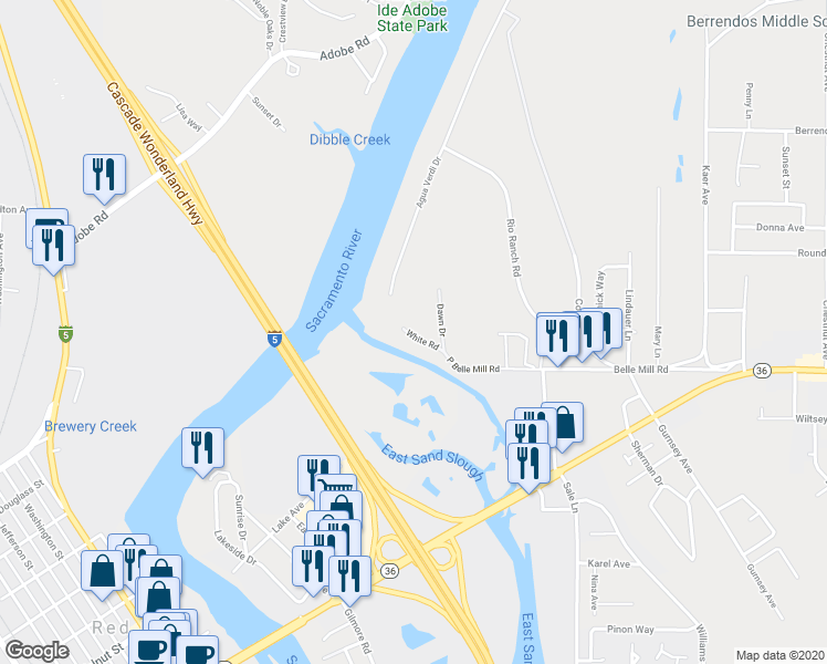 map of restaurants, bars, coffee shops, grocery stores, and more near 200 White Road in Red Bluff