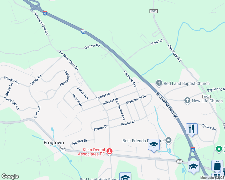 map of restaurants, bars, coffee shops, grocery stores, and more near 201 Sunset Drive in New Cumberland