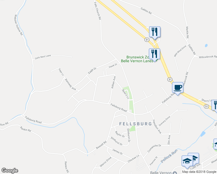 map of restaurants, bars, coffee shops, grocery stores, and more near 323 Aitken Avenue in Belle Vernon