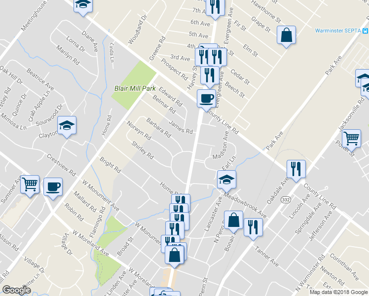 map of restaurants, bars, coffee shops, grocery stores, and more near 453 Crescent Road in Hatboro