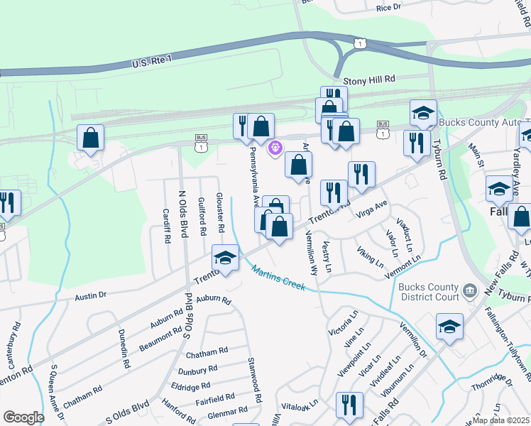 map of restaurants, bars, coffee shops, grocery stores, and more near 50 Avenrowe Court in Fairless Hills