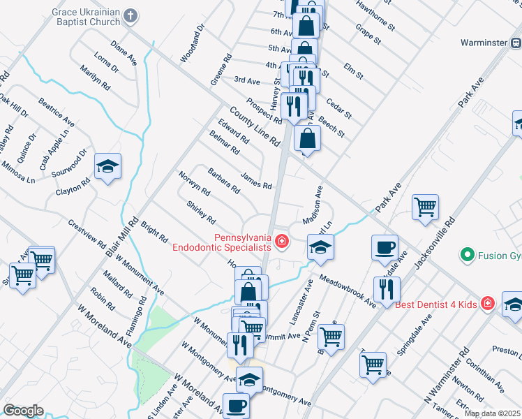 map of restaurants, bars, coffee shops, grocery stores, and more near 453 Crescent Road in Hatboro