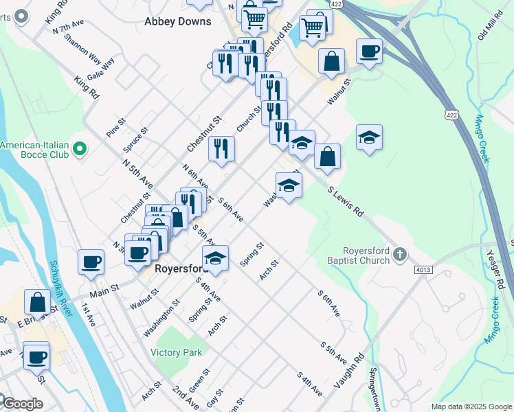 map of restaurants, bars, coffee shops, grocery stores, and more near 639 Washington St in Royersford