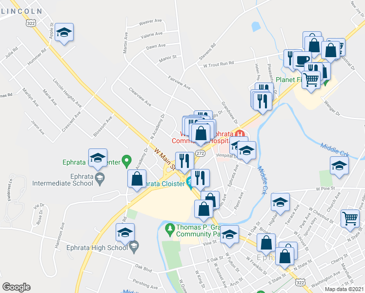 map of restaurants, bars, coffee shops, grocery stores, and more near 812 Dawn Avenue in Ephrata