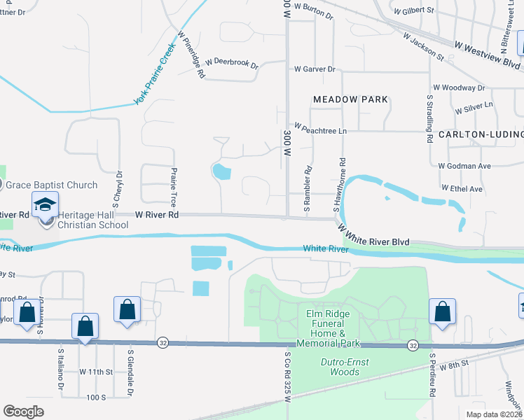 map of restaurants, bars, coffee shops, grocery stores, and more near 720 Stony-Brook Drive in Muncie