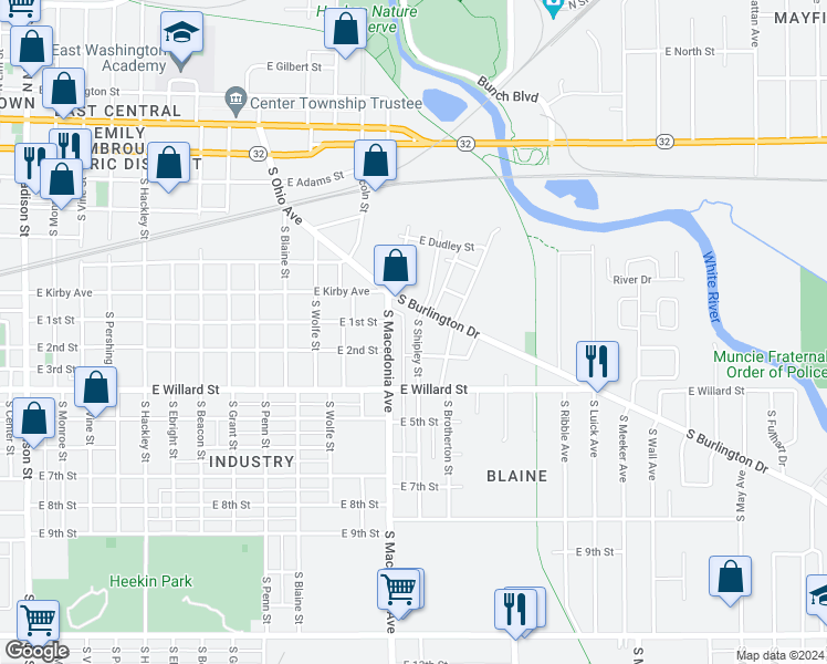 map of restaurants, bars, coffee shops, grocery stores, and more near 807 South Shipley Street in Muncie