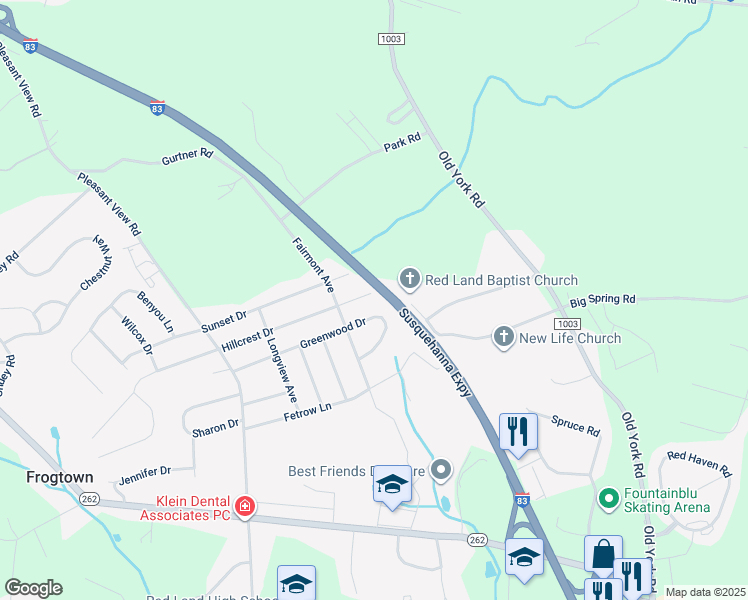 map of restaurants, bars, coffee shops, grocery stores, and more near 92 Hillcrest Drive in New Cumberland