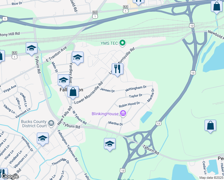 map of restaurants, bars, coffee shops, grocery stores, and more near 28 Jensen Drive in Levittown