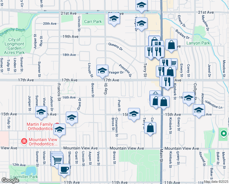 map of restaurants, bars, coffee shops, grocery stores, and more near 1127 17th Avenue in Longmont
