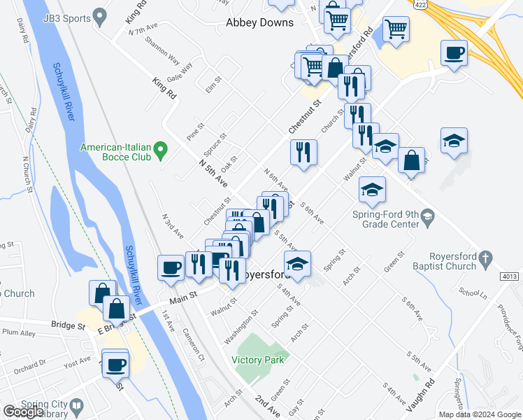 map of restaurants, bars, coffee shops, grocery stores, and more near 523 Church Street in Royersford