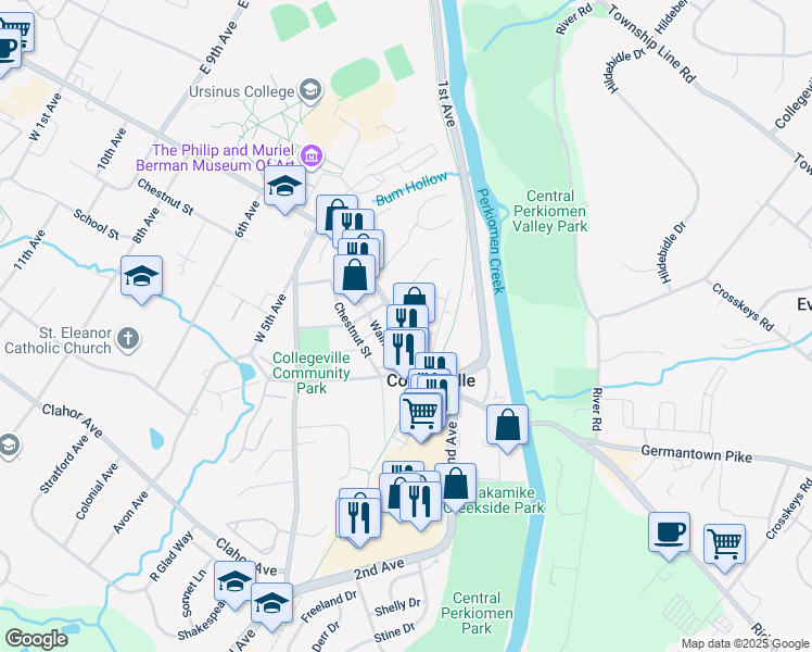 map of restaurants, bars, coffee shops, grocery stores, and more near 353 East Main Street in Collegeville