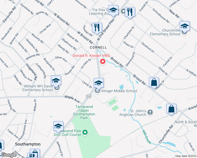 map of restaurants, bars, coffee shops, grocery stores, and more near 1448 2nd Street Pike in Southampton