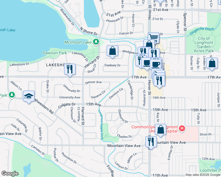 map of restaurants, bars, coffee shops, grocery stores, and more near 2638 Denver Avenue in Longmont