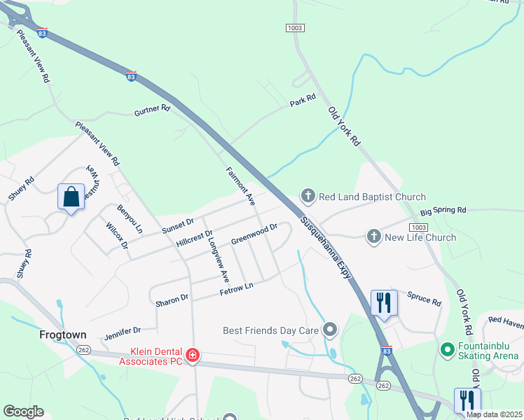 map of restaurants, bars, coffee shops, grocery stores, and more near 99 Hillcrest Drive in New Cumberland