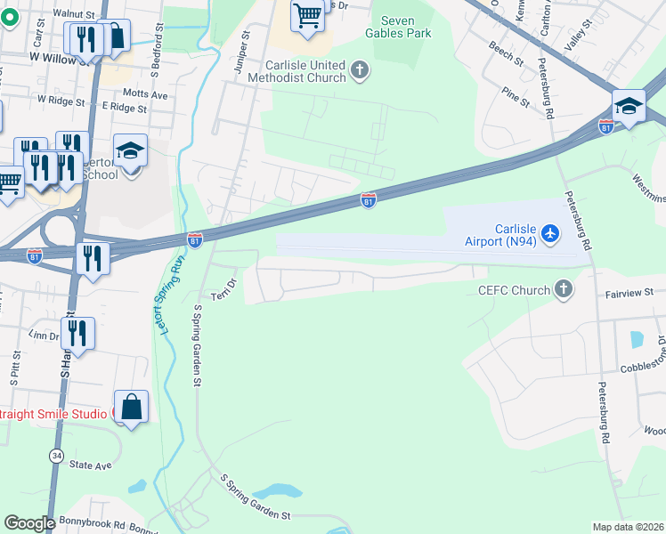 map of restaurants, bars, coffee shops, grocery stores, and more near 245 Meals Drive in Carlisle
