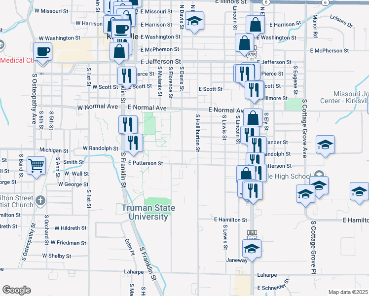 map of restaurants, bars, coffee shops, grocery stores, and more near 728-1098 S Davis St in Kirksville