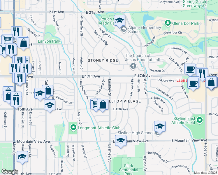 map of restaurants, bars, coffee shops, grocery stores, and more near 1611 Lashley Street in Longmont