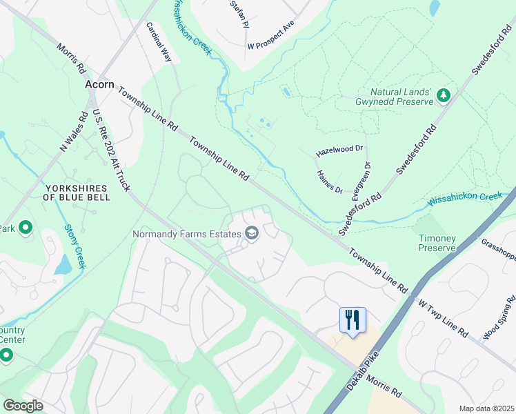 map of restaurants, bars, coffee shops, grocery stores, and more near 5357 Twin Silo Drive in Blue Bell