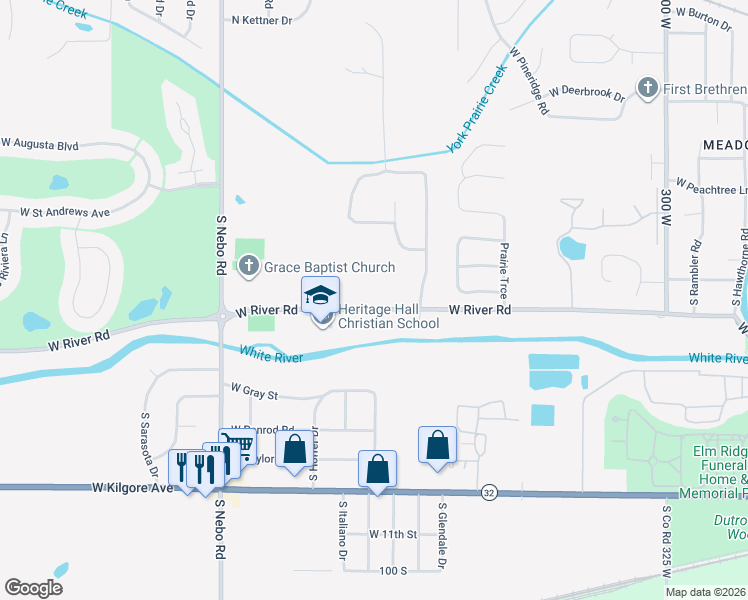 map of restaurants, bars, coffee shops, grocery stores, and more near 5900 West River Road in Muncie