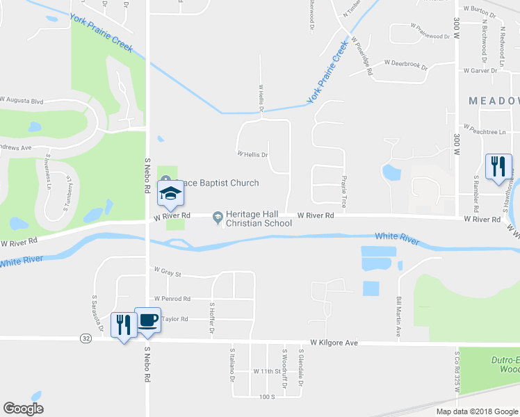 map of restaurants, bars, coffee shops, grocery stores, and more near 5900 West River Road in Muncie