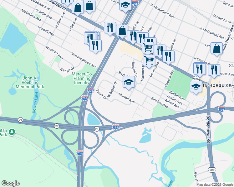 map of restaurants, bars, coffee shops, grocery stores, and more near 10 West Baylor Drive in Trenton