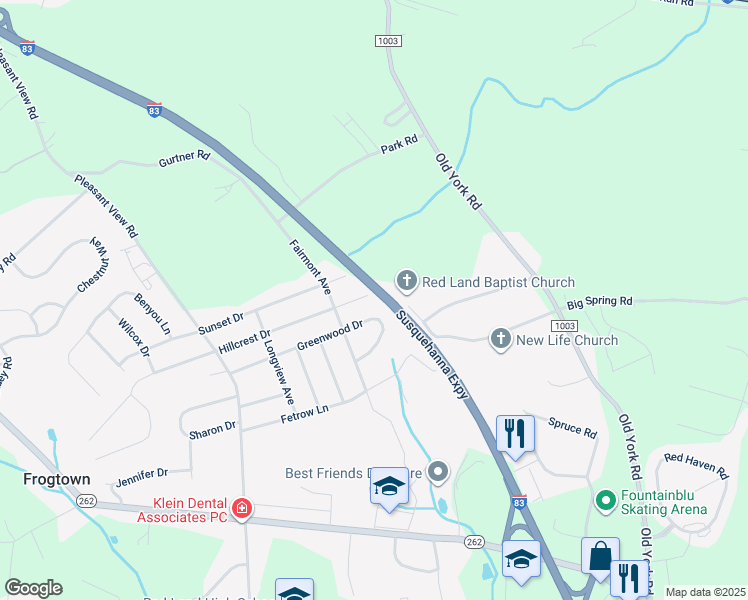 map of restaurants, bars, coffee shops, grocery stores, and more near 92 Hillcrest Drive in New Cumberland