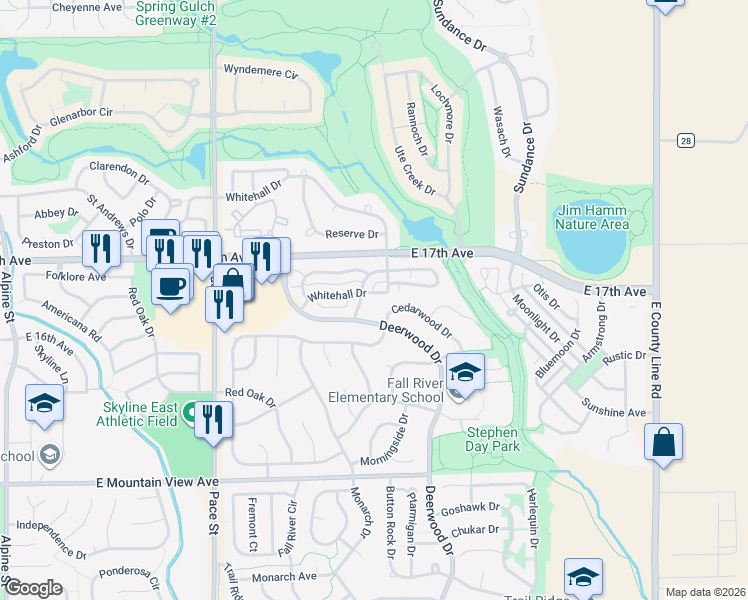 map of restaurants, bars, coffee shops, grocery stores, and more near 1632 Golden Bear Drive in Longmont