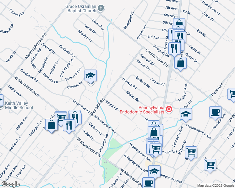 map of restaurants, bars, coffee shops, grocery stores, and more near 54 Home Road in Hatboro