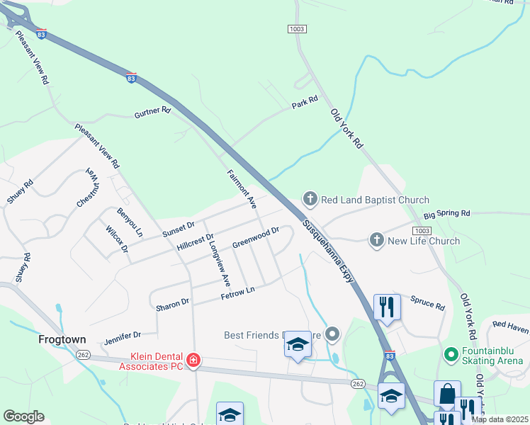 map of restaurants, bars, coffee shops, grocery stores, and more near 99 Hillcrest Drive in New Cumberland