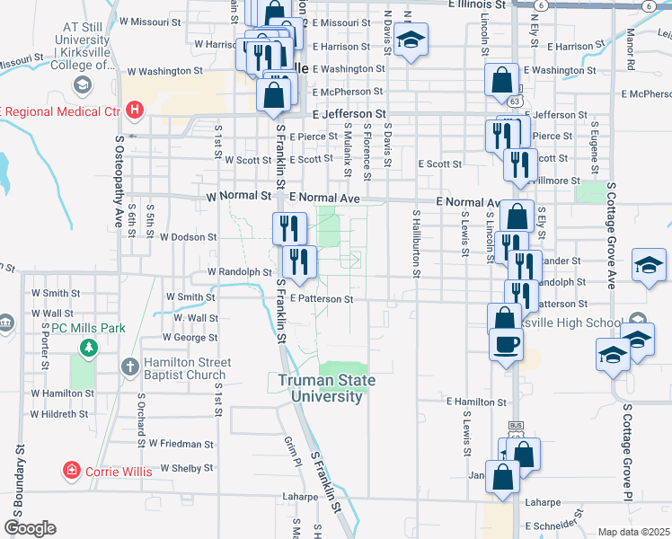 map of restaurants, bars, coffee shops, grocery stores, and more near 100 East Normal Avenue in Kirksville