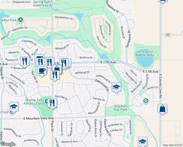 map of restaurants, bars, coffee shops, grocery stores, and more near 1632 Golden Bear Drive in Longmont