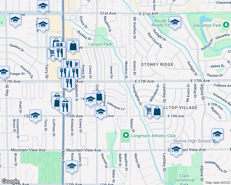 map of restaurants, bars, coffee shops, grocery stores, and more near 1639 Centennial Drive in Longmont